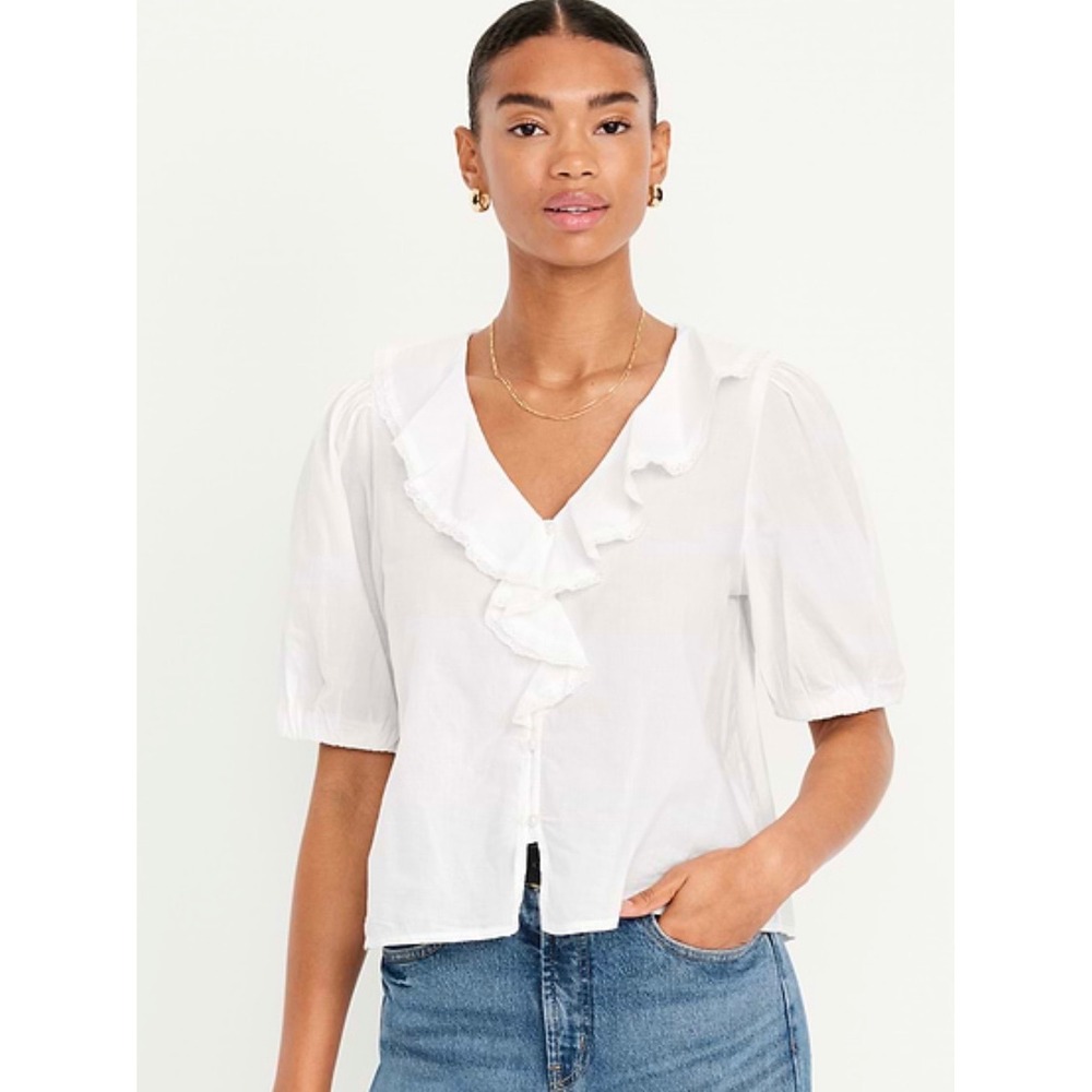 Old Navy Ruffle Collar Button-Down Top Womens Large White Cotton V-Neck NWT
